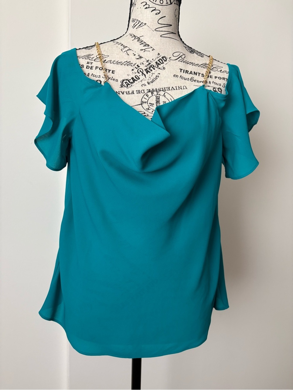 BOLD elements Teal Cold-Shoulder Drape Neck Top with Gold Chain